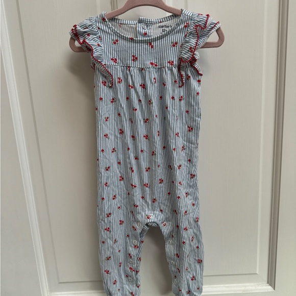 Carter’s 12M Blue & Red Stripe Floral Ruffle Girls Short Sleeve Jumpsuit - Picture 1 of 5